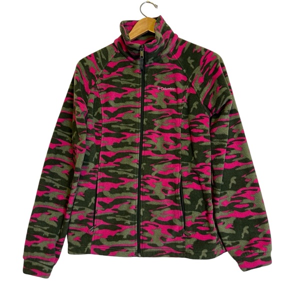 Columbia Youth 18/20 Girls Pink/Green Camo Fleece Zip Up Fleece Sweater Jacket - Picture 1 of 8